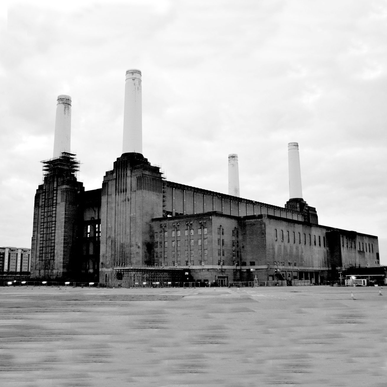 Black and white photo of Battersea Power Station in London by Rachel Groom