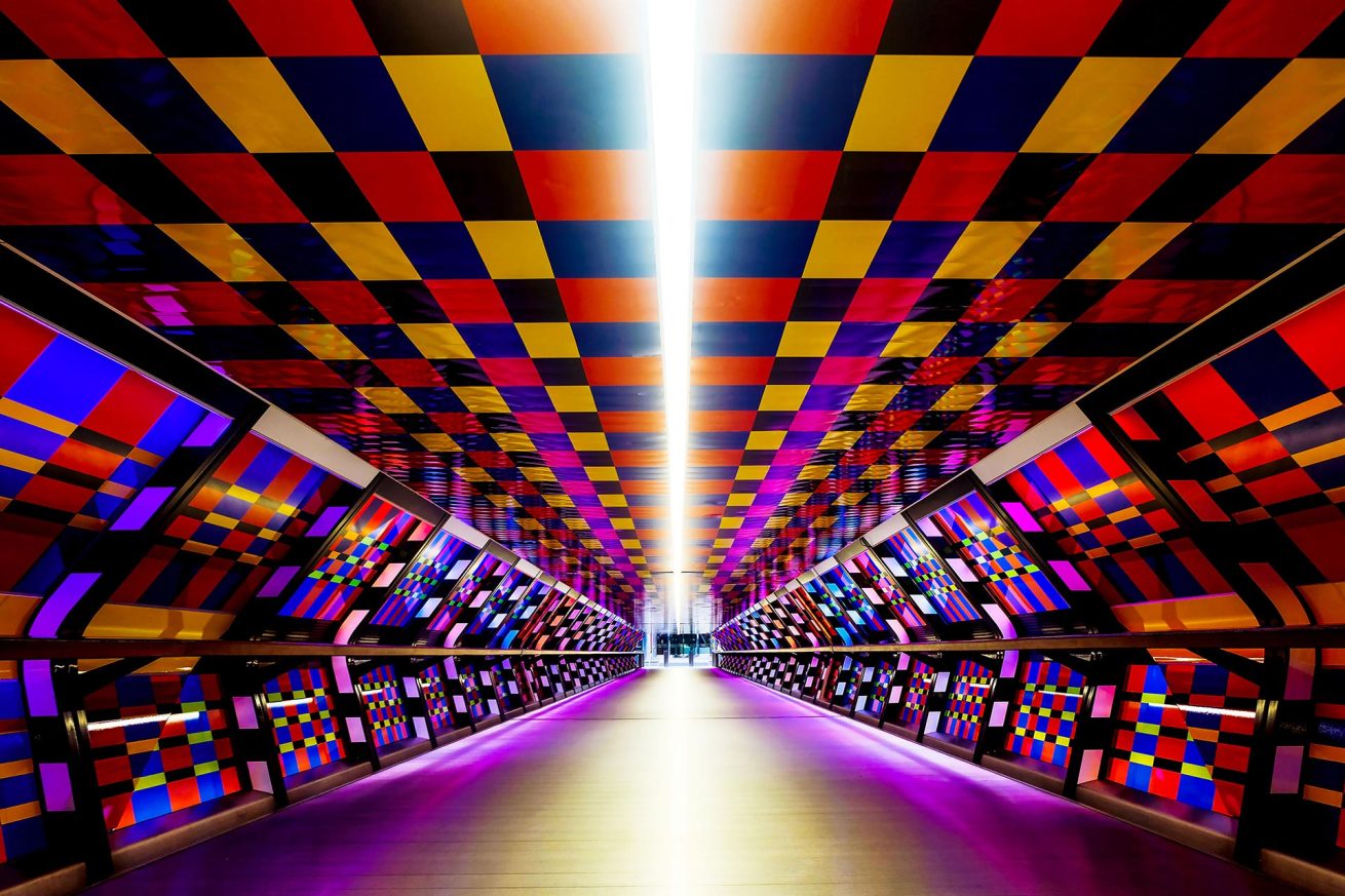 Vibrant geometric tunnel at Canary Wharf, London,